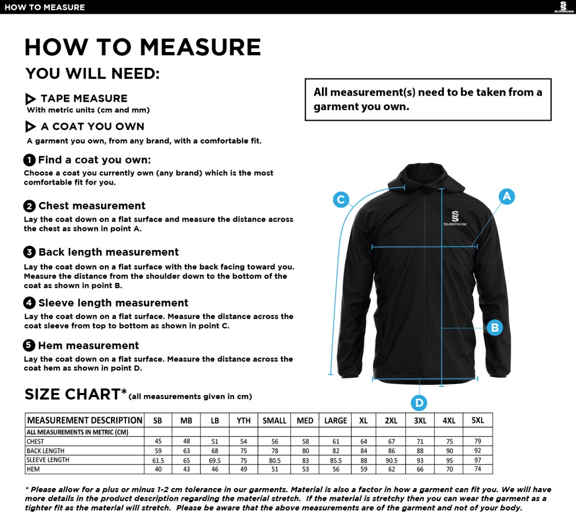 Westend FC Training Jacket Black - Size Guide