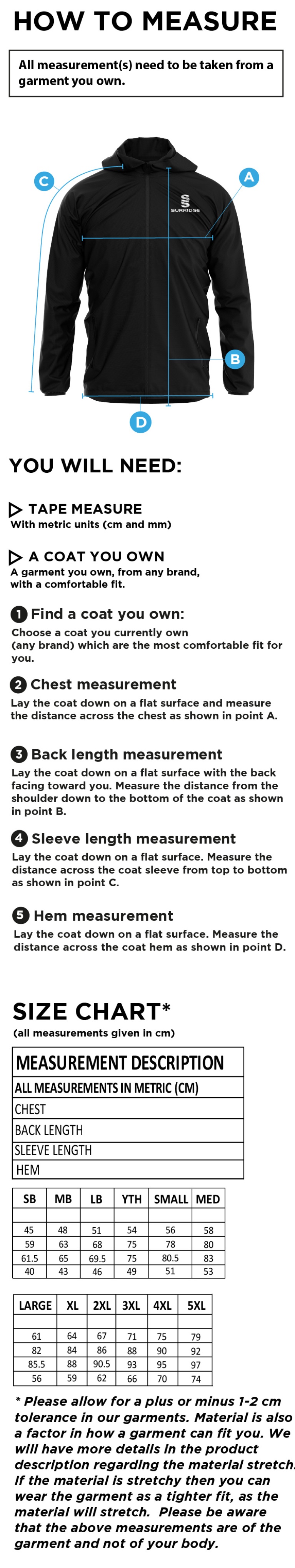 Westend FC Training Jacket Black - Size Guide