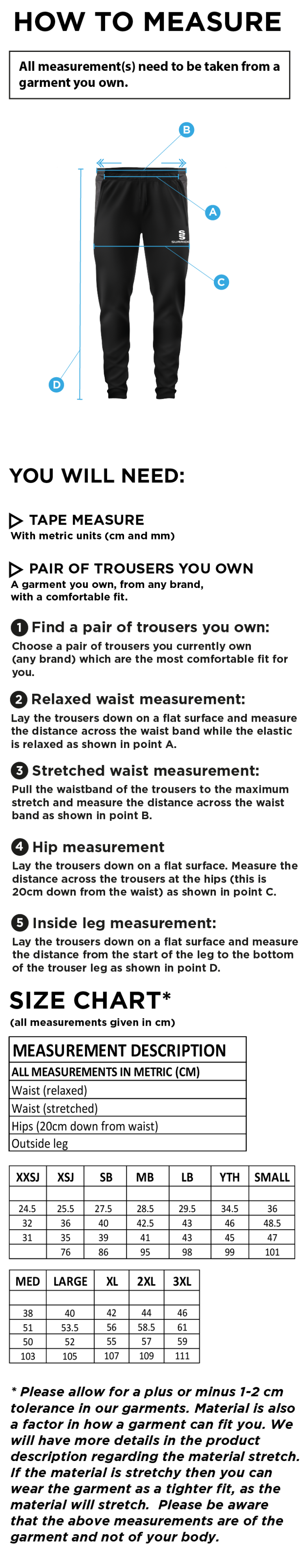Westend FC Tek Slim Pant Black - Size Guide