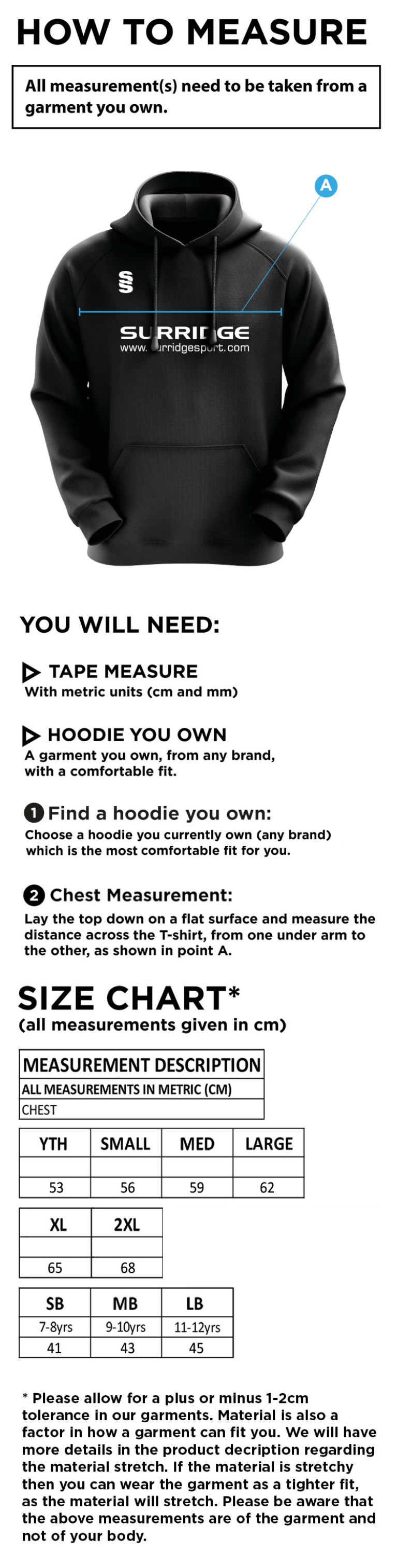 Westend FC Blade Hoody Black/Red/White - Size Guide